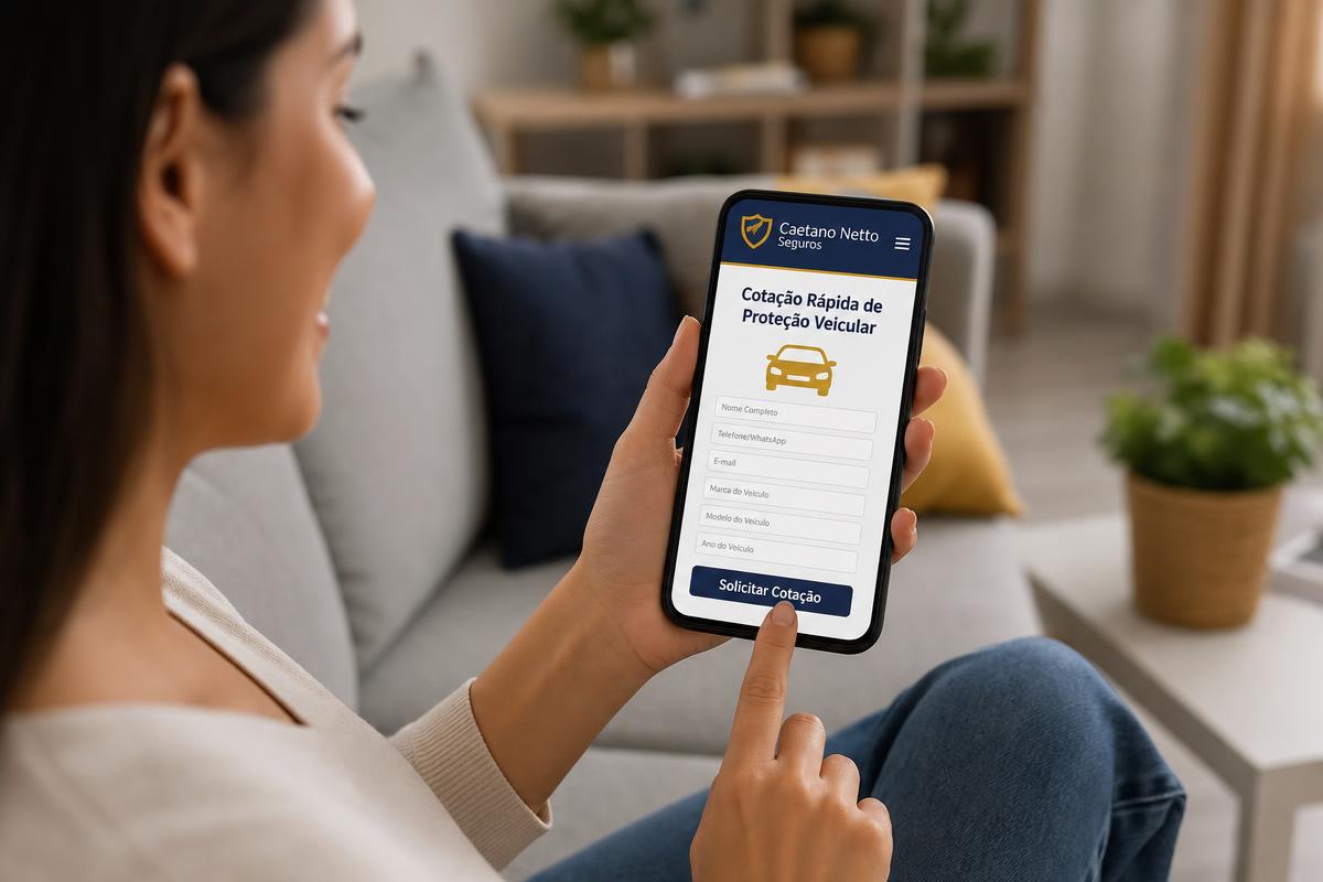 Pessoa usando o celular para fazer cotação de proteção veicular no site