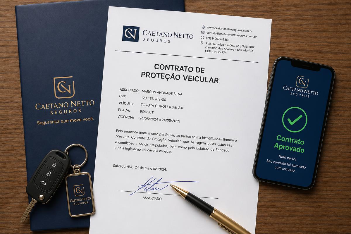 Cliente fechando o contrato de proteção veicular com aperto de mãos